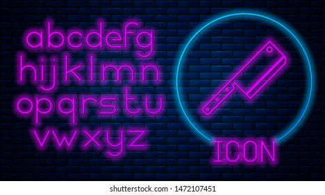 Glowing neon Meat chopper icon isolated on brick wall background. Kitchen knife for meat. Butcher knife. Neon light alphabet. Vector Illustration