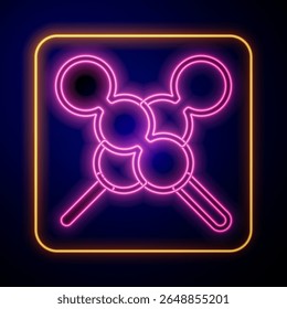 Glowing neon Meatballs on wooden stick icon isolated on black background. Skewer with meat.  Vector