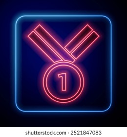 Glowing neon Medal golf icon isolated on black background. Winner achievement sign. Award medal.  Vector