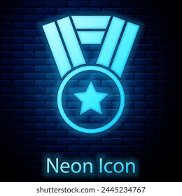 Glowing neon Medal icon isolated on brick wall background. Winner achievement sign. Award medal.  Vector