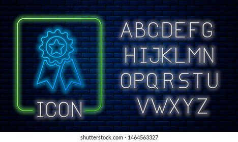 Glowing neon Medal with star icon isolated on brick wall background. Winner achievement sign. Award medal. Neon light alphabet. Vector Illustration
