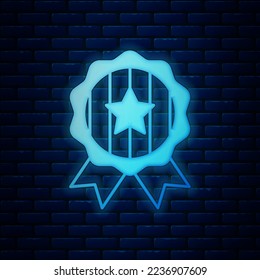 Glowing neon Medal with star icon isolated on brick wall background. Winner achievement sign. Award medal.  Vector