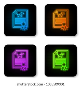 Glowing neon Medical certificate for travel with dog or cat icon isolated on white background. Document for pet. Dog or cat paw print. Black square button. Vector Illustration
