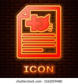 Glowing neon Medical certificate for travel with dog or cat icon isolated on brick wall background. Document for pet.  Vector Illustration
