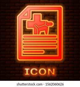 Glowing neon Medical certificate for travel with dog or cat icon isolated on brick wall background. Document for pet.  Vector Illustration