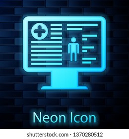 Glowing neon Medical clinical record on monitor icon isolated on brick wall background. Health insurance form. Prescription, medical check marks report. Vector Illustration