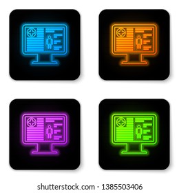 Glowing neon Medical clinical record on monitor icon isolated on white background. Health insurance form. Prescription, medical check marks report. Black square button. Vector Illustration