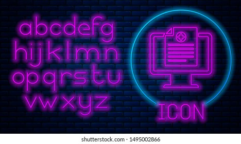 Glowing neon Medical clinical record on monitor icon isolated on brick wall background. Health insurance form. Prescription, medical check marks report. Neon light alphabet. Vector Illustration