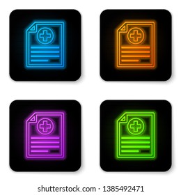 Glowing neon Medical clipboard with clinical record icon on white background. Health insurance form. Document prescription, medical check marks report. Black square button. Vector Illustration