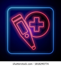 Glowing neon Medical digital thermometer for medical examination icon isolated on blue background.  Vector