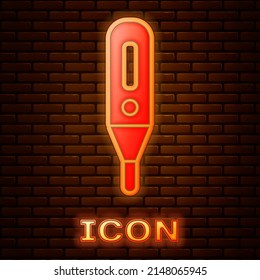 Glowing neon Medical digital thermometer for medical examination icon isolated on brick wall background. Vector Illustration