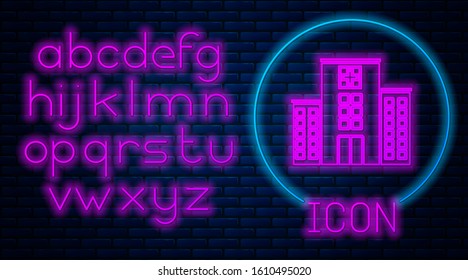 Glowing neon Medical hospital building with cross icon isolated on brick wall background. Medical center. Health care. Neon light alphabet. Vector Illustration