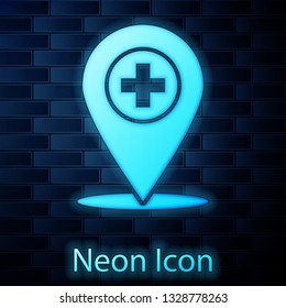 Glowing neon Medical map pointer with cross hospital icon isolated on brick wall background. Vector Illustration