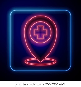 Glowing neon Medical map pointer with cross hospital icon isolated on black background.  Vector