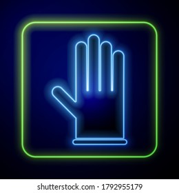 Glowing neon Medical rubber gloves icon isolated on blue background. Protective rubber gloves.  Vector Illustration