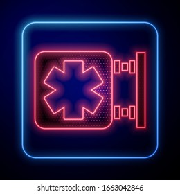 Glowing neon Medical symbol of the Emergency - Star of Life icon isolated on blue background.  Vector Illustration
