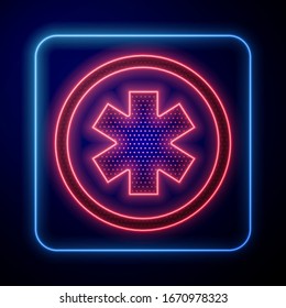Glowing neon Medical symbol of the Emergency - Star of Life icon isolated on blue background.  Vector Illustration