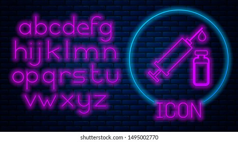 Glowing neon Medical syringe with needle and vial or ampoule icon isolated on brick wall background. Vaccination, injection, vaccine, insulin concept. Neon light alphabet. Vector Illustration