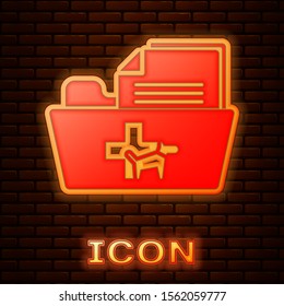 Glowing neon Medical veterinary record folder icon isolated on brick wall background. Dog or cat paw print. Document for pet. Patient file icon.  Vector Illustration