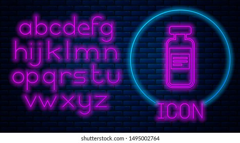 Glowing neon Medical vial, ampoule, bottle icon isolated on brick wall background. Vaccination, injection, vaccine healthcare concept. Neon light alphabet. Vector Illustration