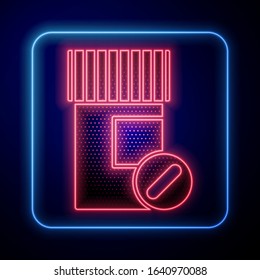 Glowing neon Medicine bottle and pills icon isolated on blue background. Bottle pill sign. Pharmacy design.  Vector Illustration