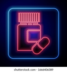 Glowing neon Medicine bottle and pills icon isolated on blue background. Bottle pill sign. Pharmacy design.  Vector Illustration