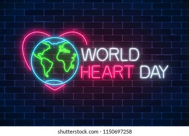 Glowing neon medicine concept sign with earth planet in heart shape on a brick wall background. World heart day luminous banner. Vector illustration.