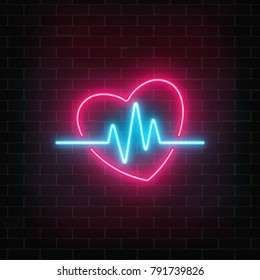 Signo de concepto de neón brillante con un gráfico cardiográfico en forma cardíaca sobre un fondo de pared de ladrillo. Cartel publicitario luminoso de farmacia o hospital. Ilustración vectorial.