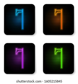 Glowing neon Medieval axe icon isolated on white background. Battle axe, executioner axe. Medieval weapon. Black square button. Vector Illustration