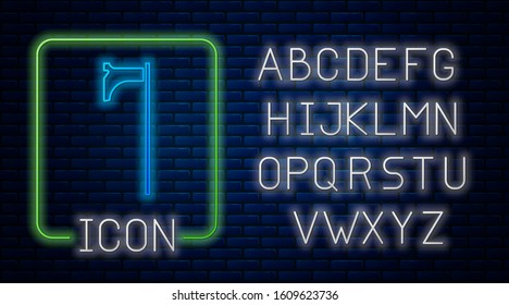 Glowing neon Medieval axe icon isolated on brick wall background. Battle axe, executioner axe. Medieval weapon. Neon light alphabet. Vector Illustration