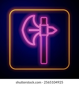 Glowing neon Medieval axe icon isolated on black background. Battle axe, executioner axe. Medieval weapon.  Vector