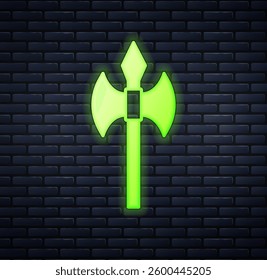 Glowing neon Medieval axe icon isolated on brick wall background. Battle axe, executioner axe. Medieval weapon.  Vector