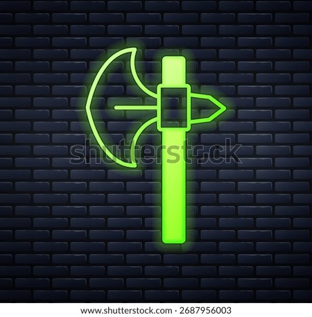 Glowing neon Medieval axe icon isolated on brick wall background. Battle axe, executioner axe. Medieval weapon.  Vector