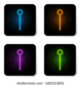 Glowing neon Medieval chained mace ball icon isolated on white background. Medieval weapon. Black square button. Vector Illustration