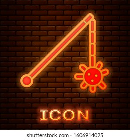 Glowing neon Medieval chained mace ball icon isolated on brick wall background. Medieval weapon.  Vector Illustration