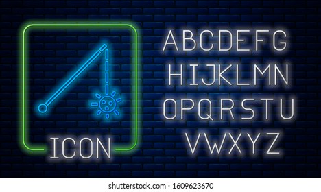 Glowing neon Medieval chained mace ball icon isolated on brick wall background. Medieval weapon. Neon light alphabet. Vector Illustration