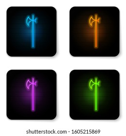 Glowing neon Medieval halberd icon isolated on white background. Medieval weapon. Black square button. Vector Illustration