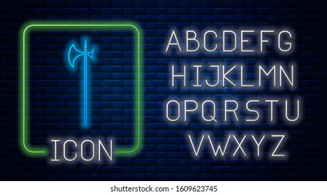 Glowing neon Medieval halberd icon isolated on brick wall background. Medieval weapon. Neon light alphabet. Vector Illustration