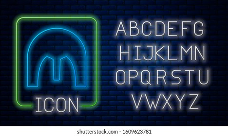 Glowing neon Medieval iron helmet for head protection icon isolated on brick wall background. Neon light alphabet. Vector Illustration