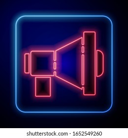 Glowing neon Megaphone icon isolated on blue background. Loud speach alert concept. Bullhorn for Mouthpiece scream promotion.  Vector Illustration