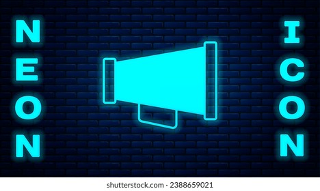 Glowing neon Megaphone icon isolated on brick wall background. Speaker sign.  Vector