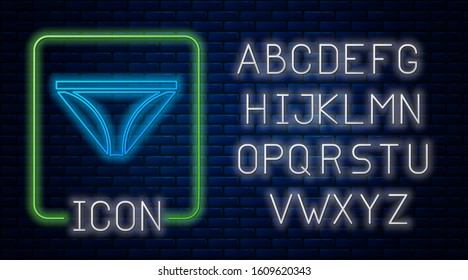 Glowing neon Men underpants icon isolated on brick wall background. Man underwear. Neon light alphabet. Vector Illustration