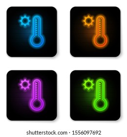 Glowing neon Meteorology thermometer measuring heat and cold icon isolated on white background. Thermometer equipment showing hot or cold weather. Black square button. Vector Illustration