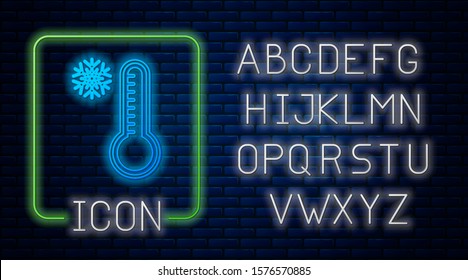 Glowing neon Meteorology thermometer measuring heat and cold icon isolated on brick wall background. Thermometer equipment showing hot or cold weather. Neon light alphabet. Vector Illustration