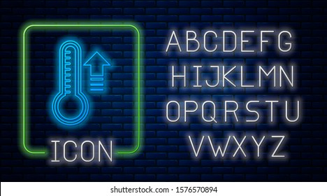 Glowing neon Meteorology thermometer measuring heat and cold icon isolated on brick wall background. Thermometer equipment showing hot or cold weather. Neon light alphabet. Vector Illustration