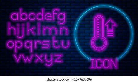 Glowing neon Meteorology thermometer measuring heat and cold icon isolated on brick wall background. Thermometer equipment showing hot or cold weather. Neon light alphabet. Vector Illustration