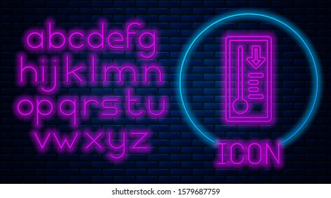 Glowing neon Meteorology thermometer measuring heat and cold icon isolated on brick wall background. Thermometer equipment showing hot or cold weather. Neon light alphabet. Vector Illustration