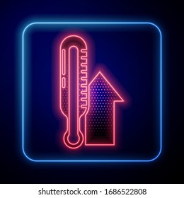 Glowing neon Meteorology thermometer measuring icon isolated on blue background. Thermometer equipment showing hot or cold weather.  Vector Illustration