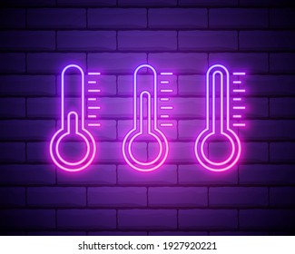 Glowing neon Meteorology thermometer measuring icon isolated on brick wall background. Thermometer equipment showing hot or cold weather. Vector Illustration.