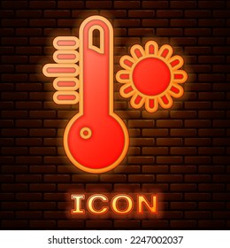 Glowing neon Meteorology thermometer measuring icon isolated on brick wall background. Thermometer equipment showing hot or cold weather.  Vector Illustration